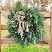 Christmas Artificial Wreath for Front Door, Outdoor Christmas Wreath Flocked with Mixed Decorations, Holiday Greenery Wreath with Pinecones, Bow, and Bell, 15 inches